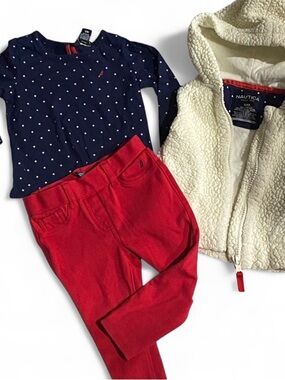 Nautica Navy Polka Dot Top, Cream Sherpa Hoodie & Red Pants Set 12 Months